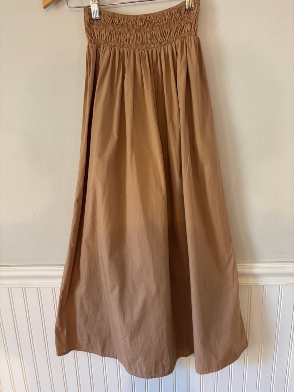 Faithfull the Brand Shirred Smocked Waist Maxi Skirt in Light Brown Flex Sizing
